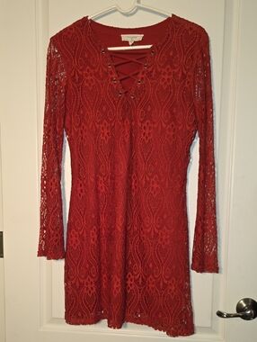 Burnt Orange/Rust Lace-Up Long Sleeve Lace Dress